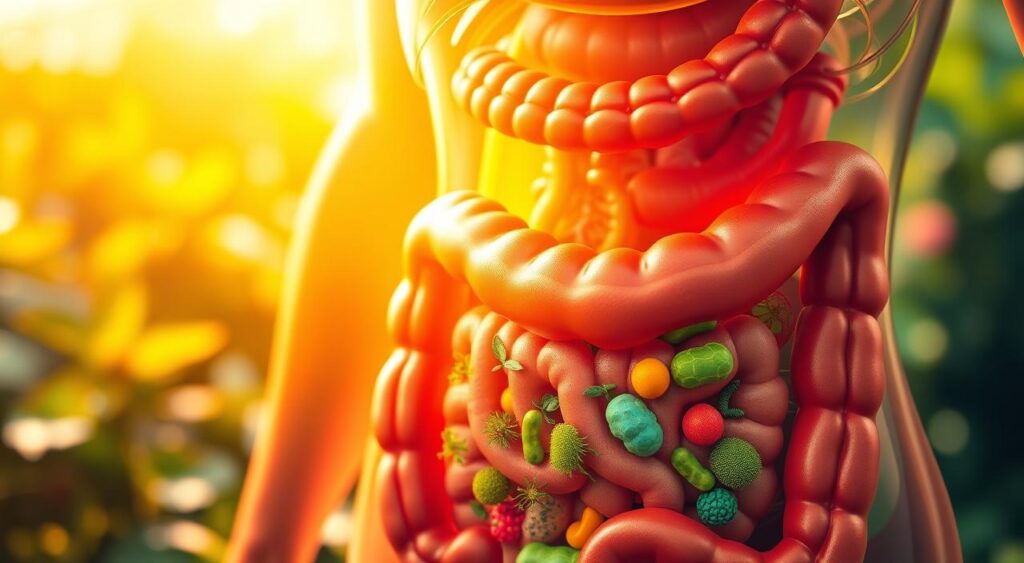A vibrant, close-up view of a human digestive system, with a focal point on a healthy, thriving gut microbiome. The foreground features a detailed, cross-sectional illustration of the intestines, showcasing the diverse array of beneficial bacteria, enzymes, and nutrients that contribute to optimal gut health. The middle ground transitions into a soft, blurred backdrop of lush, verdant flora, representing the connection between gut wellness and overall bodily balance. Warm, golden lighting casts a natural, soothing glow, and the composition is captured with a shallow depth of field, emphasizing the intricate details of the gut ecosystem. The overall mood is one of harmony, vitality, and the profound importance of nurturing a healthy digestive system.