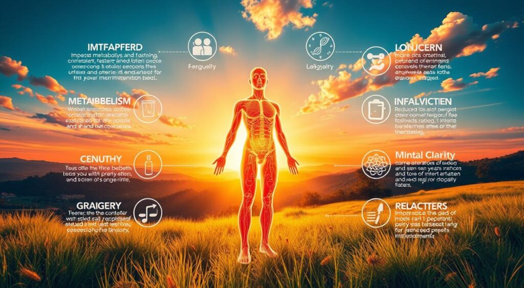 A vibrant, detailed illustration showcasing the key health benefits of intermittent fasting. In the foreground, a glowing human figure representing improved metabolism, fat burning, and balanced blood sugar levels. In the middle ground, icons and symbols denoting longevity, cellular repair, reduced inflammation, and mental clarity. In the background, a serene, natural landscape bathed in warm, golden light, symbolizing the holistic wellness achieved through this practice. Rendered in a hyper-realistic, visually striking style that captures the transformative power of intermittent fasting.