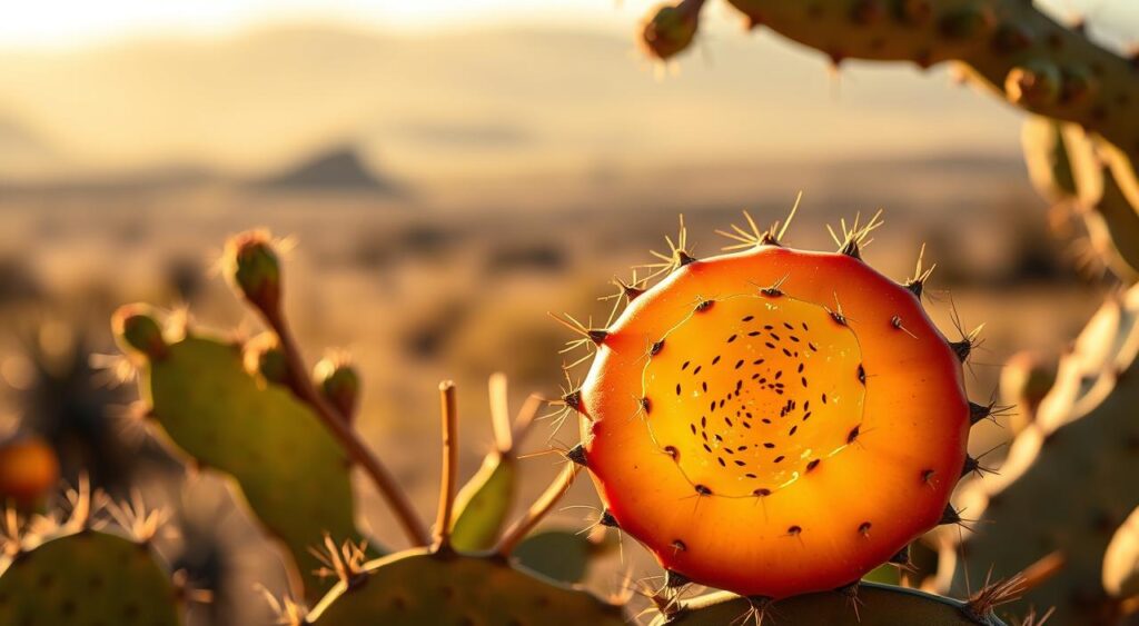 A vibrant, high-resolution image of a prickly pear cactus fruit, showcasing its distinctive spiny exterior and luscious, juicy flesh. The fruit is positioned in the foreground, bathed in warm, directional lighting that accentuates its natural colors and textures. In the middle ground, a few prickly pear leaves and stems provide context, while the background features a hazy, out-of-focus desert landscape, suggesting the exotic, arid environment where this unique cactus thrives. The overall mood is one of natural abundance and the bounty of nature, capturing the essence of this nutritious and versatile superfood.