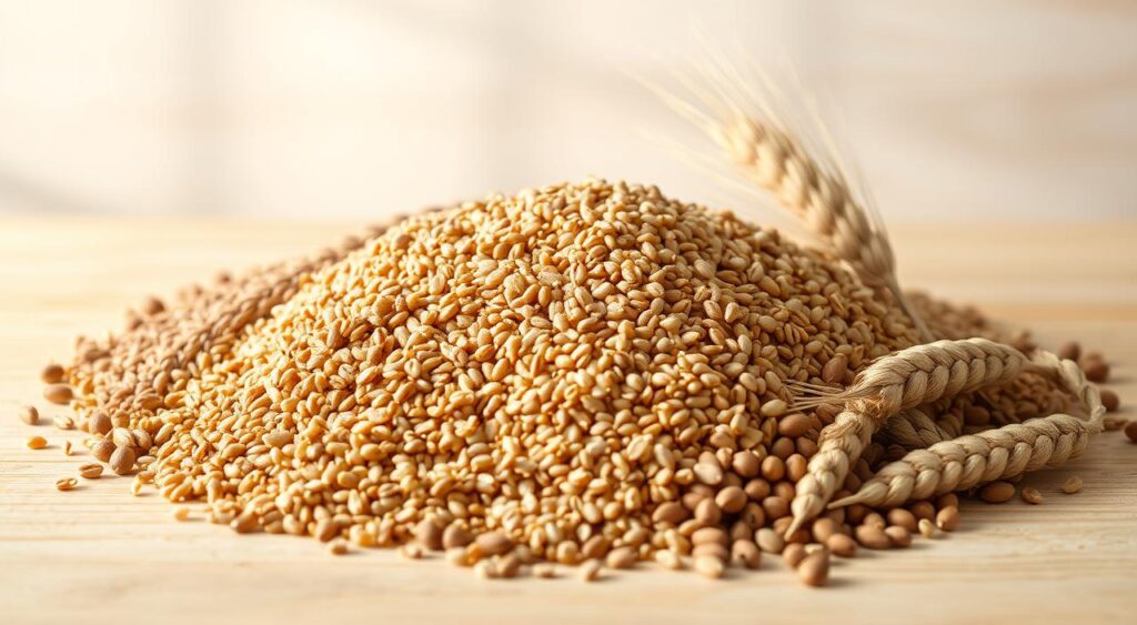 A vibrant, high-resolution photograph of a variety of whole grains, including brown rice, quinoa, barley, and whole wheat berries, arranged artfully on a light wooden surface. The grains are illuminated by soft, natural lighting, casting gentle shadows and highlighting their intricate textures and rich, earthy tones. In the background, a minimalist, calming backdrop of soft, neutral colors complements the scene, creating a sense of balance and wellness. The overall composition emphasizes the nutritional value and heart-healthy benefits of incorporating these whole grains into a daily diet. A vibrant, high-resolution photograph of a variety of whole grains, including brown rice, quinoa, barley, and whole wheat berries, arranged artfully on a light wooden surface. The grains are illuminated by soft, natural lighting, casting gentle shadows and highlighting their intricate textures and rich, earthy tones. In the background, a minimalist, calming backdrop of soft, neutral colors complements the scene, creating a sense of balance and wellness. The overall composition emphasizes the nutritional value and heart-healthy benefits of incorporating these whole grains into a daily diet.