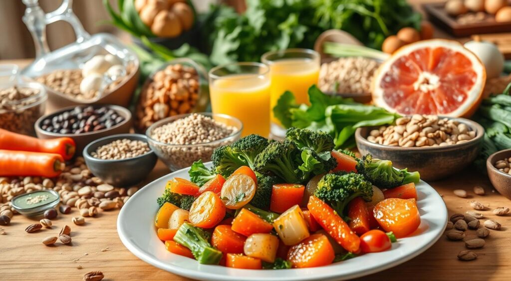 A vibrant, high-resolution photograph showcasing a table overflowing with a liver-friendly meal. In the foreground, a plate features a colorful assortment of steamed vegetables, including broccoli, kale, and carrots, drizzled with a light, herb-infused dressing. In the middle ground, a bowl of quinoa, a known superfood, sits alongside a glass of freshly squeezed grapefruit juice, rich in vitamin C. The background is filled with various whole grains, legumes, and nuts, representing the diverse range of nutrients essential for liver health. The scene is bathed in warm, natural lighting, creating a cozy and inviting atmosphere, and shot at a slightly elevated angle to emphasize the bounty of the meal.