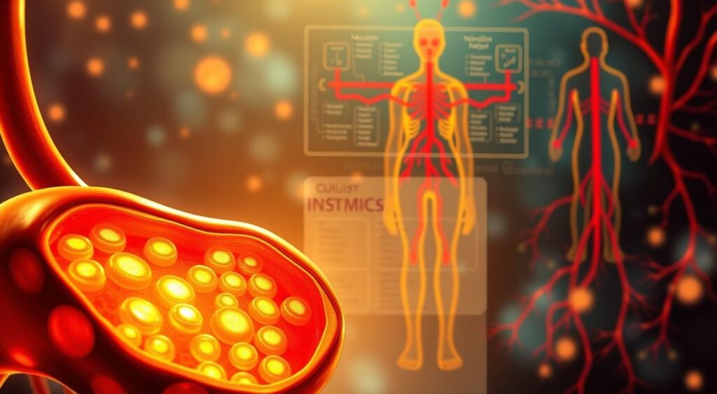 A vibrant, highly detailed illustration depicting the complex mechanisms of blood sugar control beyond the simplistic concept of glycemic index load. In the foreground, a cross-section of a human pancreas, islets of Langerhans glowing with bioluminescent activity, insulin and glucagon molecules dancing in a delicate hormonal ballet. In the middle ground, a metabolic pathway diagram showcasing the intricate interplay of carbohydrate metabolism, insulin sensitivity, and glycemic variability. In the background, a schematic representation of the human circulatory system, arteries and veins pulsing with the rhythmic flow of glucose-rich blood. The scene is bathed in a warm, golden light, conveying a sense of scientific elegance and the profound importance of understanding blood sugar regulation.