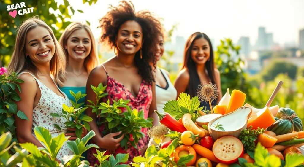 A vibrant, holistic scene depicting the impact of probiotics on women's overall well-being. In the foreground, a diverse group of women stand in a serene garden, radiant smiles adorning their faces. Lush, verdant foliage surrounds them, symbolizing the nourishing effects of gut-friendly probiotics. In the middle ground, a cluster of probiotic-rich foods - yogurt, kefir, fermented vegetables - are artfully arranged, their bright colors and textures a testament to their nutritional power. The background features a softly blurred cityscape, hinting at the broader context of women's health and the integration of natural remedies into modern lifestyles. The lighting is warm and natural, casting a gentle glow that enhances the sense of well-being and vitality. An overall atmosphere of harmony, balance, and holistic wellness permeates the scene.