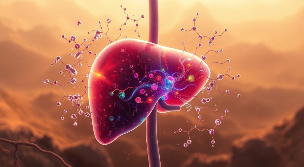 A vibrant, hyper-realistic illustration of the liver's detoxification process. In the foreground, a translucent, glowing liver organ pulses with energy, surrounded by a swirl of colorful, detoxifying compounds. In the middle ground, intricate pathways and cellular structures represent the complex biochemical reactions that filter and metabolize toxins. The background features a hazy, ethereal landscape, bathed in a warm, golden light that symbolizes the liver's restorative powers. The scene is captured with a sharp, cinematic lens, creating a sense of depth and drama. The overall mood is one of vitality, transformation, and the body's innate ability to heal and purify itself through the remarkable function of the liver.