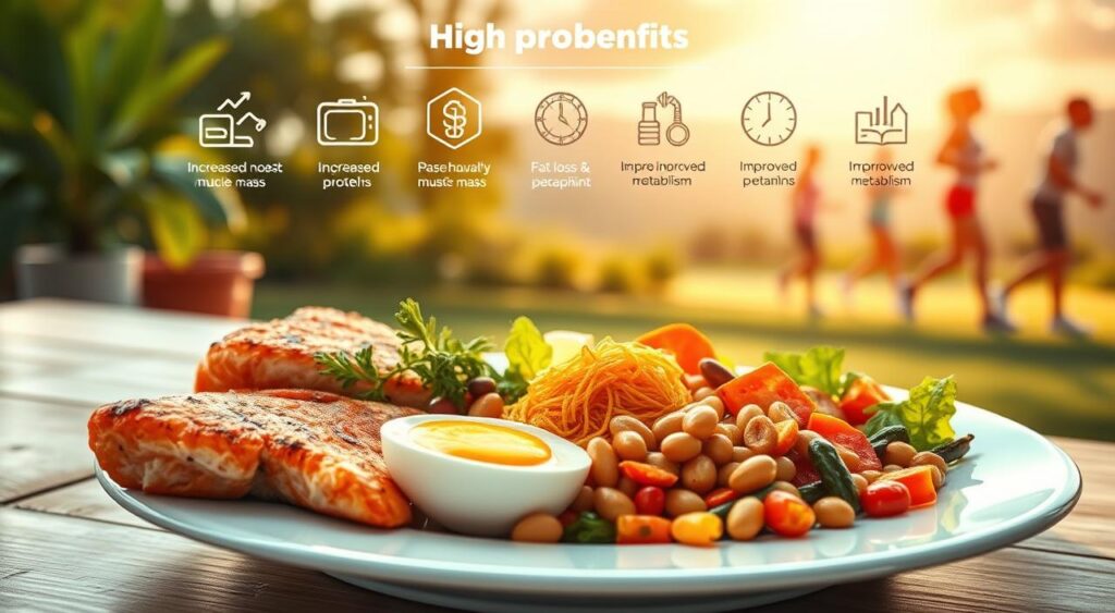 A vibrant illustration showcasing the benefits of a high-protein diet. In the foreground, a well-balanced plate displays a variety of protein-rich foods such as grilled chicken, salmon, eggs, and legumes, arranged with precision. The midground features dynamic icons and infographic elements highlighting key benefits like increased muscle mass, fat loss, and improved metabolism. In the background, a softly blurred landscape depicts a healthy, active lifestyle with people engaging in various fitness activities. The overall scene is illuminated by warm, natural lighting, creating a sense of energy and vitality. The composition is visually striking, drawing the viewer's attention to the compelling advantages of a high-protein dietary approach.