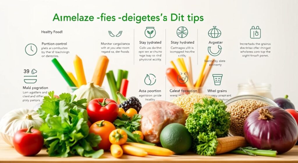A vibrant, informative illustration showcasing essential diabetes-friendly diet tips. In the foreground, a visually appealing assortment of healthy whole foods - leafy greens, colorful vegetables, lean proteins, and fiber-rich whole grains. In the middle ground, stylized icons and graphics highlighting key dietary recommendations, such as portion control, monitoring carbohydrates, staying hydrated, and incorporating physical activity. The background features a clean, minimalist design with soft, natural lighting, creating a calming, educational atmosphere. The overall composition should convey a sense of balance, simplicity, and practical guidance for managing type 2 diabetes through diet. A vibrant, informative illustration showcasing essential diabetes-friendly diet tips. In the foreground, a visually appealing assortment of healthy whole foods - leafy greens, colorful vegetables, lean proteins, and fiber-rich whole grains. In the middle ground, stylized icons and graphics highlighting key dietary recommendations, such as portion control, monitoring carbohydrates, staying hydrated, and incorporating physical activity. The background features a clean, minimalist design with soft, natural lighting, creating a calming, educational atmosphere. The overall composition should convey a sense of balance, simplicity, and practical guidance for managing type 2 diabetes through diet.