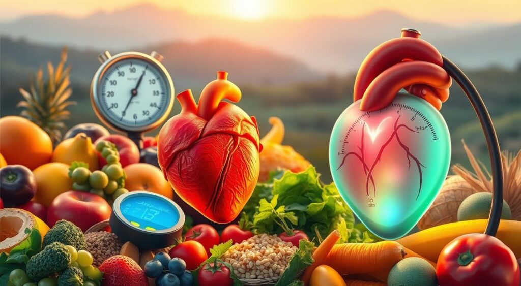 A vibrant, photorealistic illustration depicting the benefits of the DASH diet for heart disease prevention. In the foreground, a healthy, glowing heart is prominently featured, surrounded by a colorful array of fresh fruits, vegetables, whole grains, and lean proteins - the key components of the DASH diet. In the middle ground, a visual representation of improved blood pressure levels, with a sphygmomanometer displaying lower readings. The background showcases a serene, natural landscape, symbolizing the holistic, lifestyle-oriented approach of the DASH diet. Warm, natural lighting illuminates the scene, conveying a sense of vitality and well-being. The overall composition highlights the science-backed effectiveness of the DASH diet in lowering the risk of heart disease.