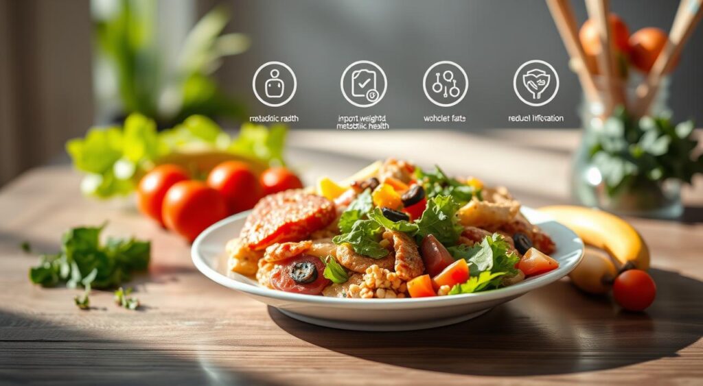 A vibrant, photorealistic image of the benefits of the Zone Diet, captured in a clean, minimalist style. In the foreground, a balanced plate showcases the ideal 40/30/30 ratio of carbohydrates, protein, and healthy fats, arranged artfully with fresh produce, lean meats, and whole grains. The middle ground features icons representing improved metabolic health, weight management, and reduced inflammation, all subtly integrated into the scene. The background is bathed in soft, natural lighting, conveying a sense of wellness and vitality. The overall composition is sleek, elegant, and visually compelling, perfectly encapsulating the advantages of the Zone Diet lifestyle.