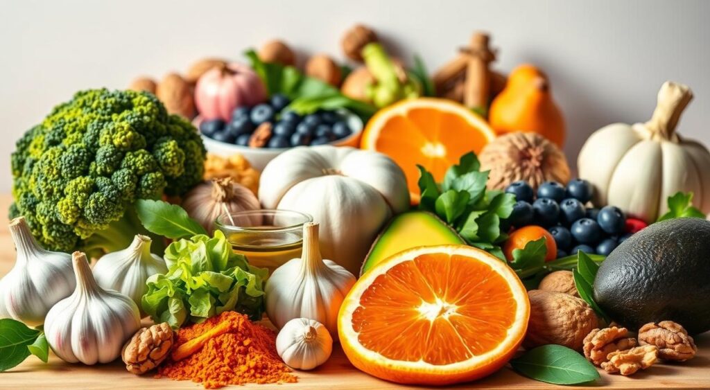 A vibrant, realistic still life depicting twelve of the top liver-detoxifying foods. In the foreground, a selection of artfully arranged foods including broccoli, garlic, turmeric, green tea, avocado, and grapefruit, lit by warm, natural lighting. In the middle ground, additional liver-boosting ingredients such as blueberries, walnuts, and leafy greens. The background is a simple, clean setting that allows the vibrant colors and textures of the produce to take center stage. The overall composition conveys a sense of health, vitality, and the powerful, nourishing properties of these liver-cleansing superfoods. A vibrant, realistic still life depicting twelve of the top liver-detoxifying foods. In the foreground, a selection of artfully arranged foods including broccoli, garlic, turmeric, green tea, avocado, and grapefruit, lit by warm, natural lighting. In the middle ground, additional liver-boosting ingredients such as blueberries, walnuts, and leafy greens. The background is a simple, clean setting that allows the vibrant colors and textures of the produce to take center stage. The overall composition conveys a sense of health, vitality, and the powerful, nourishing properties of these liver-cleansing superfoods.