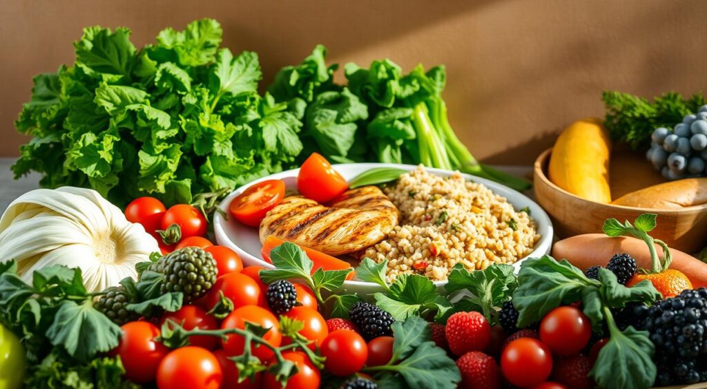 A vibrant, richly textured still life depicting the health benefits of a flexitarian diet. In the foreground, an array of fresh, colorful produce - crisp greens, juicy tomatoes, and succulent berries. In the middle ground, a plate showcasing a balanced meal of grilled chicken, roasted vegetables, and a side of quinoa. Soft, natural lighting illuminates the scene, casting gentle shadows and highlighting the vibrant hues. The background features a minimalist, earthy backdrop, emphasizing the wholesome, nourishing nature of the flexitarian lifestyle. The overall composition conveys a sense of balance, vitality, and the joyful pursuit of a healthier way of eating.