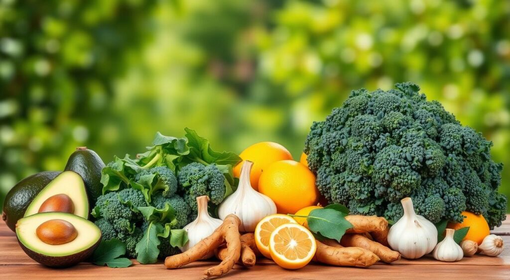 A vibrant still life arrangement showcasing an assortment of nutritious, liver-cleansing foods. In the foreground, ripe avocados, leafy kale, and crisp broccoli florets are arranged artfully against a wooden backdrop. In the middle ground, golden turmeric roots, garlic bulbs, and juicy lemons create a vibrant color palette. The background features a hazy, natural setting with lush greenery, creating a serene, earthy atmosphere. Soft, diffused lighting illuminates the scene, highlighting the fresh, vibrant produce. The overall composition conveys the idea of nourishing, detoxifying foods that support liver health. A vibrant still life arrangement showcasing an assortment of nutritious, liver-cleansing foods. In the foreground, ripe avocados, leafy kale, and crisp broccoli florets are arranged artfully against a wooden backdrop. In the middle ground, golden turmeric roots, garlic bulbs, and juicy lemons create a vibrant color palette. The background features a hazy, natural setting with lush greenery, creating a serene, earthy atmosphere. Soft, diffused lighting illuminates the scene, highlighting the fresh, vibrant produce. The overall composition conveys the idea of nourishing, detoxifying foods that support liver health.
