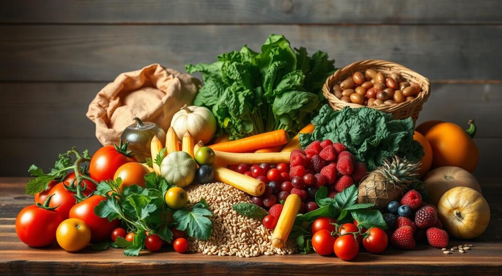 A vibrant still life capturing the key components of the DASH diet for hypertension: a bountiful arrangement of fresh, colorful fruits and vegetables - juicy tomatoes, crisp leafy greens, bright berries, and hearty whole grains, all bathed in warm, natural lighting. The produce is artfully displayed on a rustic wooden table, with a clean, minimalist background that allows the nutritious ingredients to take center stage. The overall composition conveys a sense of health, wellness, and the science-backed benefits of this plant-based dietary approach for lowering blood pressure.