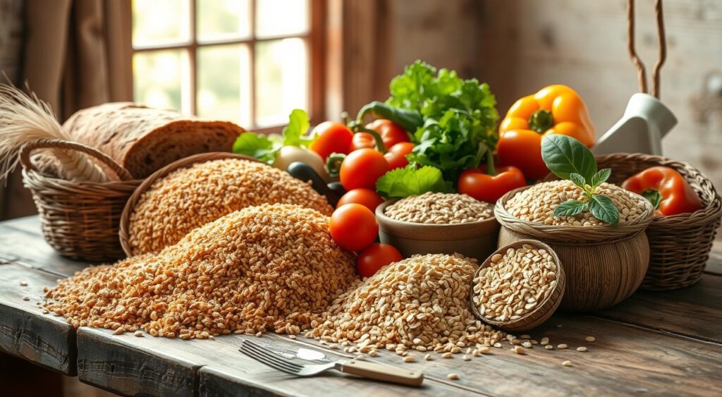A vibrant still life composition depicting a variety of whole grain foods arranged on a rustic wooden table. In the foreground, an assortment of whole wheat bread, brown rice, quinoa, and oats are elegantly presented, their earthy tones and textured surfaces conveying a sense of nourishment and wholesome goodness. In the middle ground, fresh vegetables such as leafy greens, tomatoes, and bell peppers add pops of color, complementing the grains. The background is softly lit, with natural light streaming in through a window, casting a warm, inviting glow over the scene. The overall mood is one of simplicity, health, and the abundance of nature's bounty. A vibrant still life composition depicting a variety of whole grain foods arranged on a rustic wooden table. In the foreground, an assortment of whole wheat bread, brown rice, quinoa, and oats are elegantly presented, their earthy tones and textured surfaces conveying a sense of nourishment and wholesome goodness. In the middle ground, fresh vegetables such as leafy greens, tomatoes, and bell peppers add pops of color, complementing the grains. The background is softly lit, with natural light streaming in through a window, casting a warm, inviting glow over the scene. The overall mood is one of simplicity, health, and the abundance of nature's bounty.