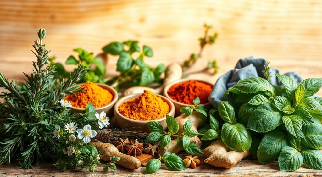 A vibrant still life composition showcasing an assortment of fresh herbs and spices against a natural, earthy backdrop. In the foreground, prominently displayed are various aromatic herbs such as rosemary, thyme, and basil, their lush green leaves and delicate flowers exuding a sense of vitality. In the middle ground, an array of ground spices, including cinnamon, turmeric, and ginger, are arranged in small bowls, their warm hues and textures creating a visually appealing contrast. The background features a rustic wooden surface, complemented by a soft, diffused natural lighting that casts gentle shadows, evoking a soothing, calming atmosphere. The overall composition conveys the idea of natural, holistic solutions for controlling blood sugar levels. A vibrant still life composition showcasing an assortment of fresh herbs and spices against a natural, earthy backdrop. In the foreground, prominently displayed are various aromatic herbs such as rosemary, thyme, and basil, their lush green leaves and delicate flowers exuding a sense of vitality. In the middle ground, an array of ground spices, including cinnamon, turmeric, and ginger, are arranged in small bowls, their warm hues and textures creating a visually appealing contrast. The background features a rustic wooden surface, complemented by a soft, diffused natural lighting that casts gentle shadows, evoking a soothing, calming atmosphere. The overall composition conveys the idea of natural, holistic solutions for controlling blood sugar levels.