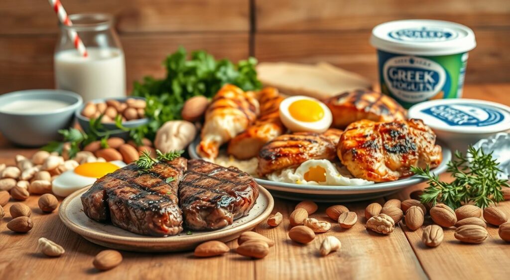 A vibrant still life composition showcasing an assortment of high-protein foods, perfectly arranged on a wooden table. In the foreground, juicy steak, grilled chicken breasts, and a plate of scrambled eggs take center stage, garnished with fresh herbs. In the middle ground, an array of nuts, including almonds, walnuts, and cashews, are scattered around the table. In the background, a glass of milk and a container of Greek yogurt stand out, complementing the overall high-protein theme. Soft, natural lighting illuminates the scene, creating a warm and inviting atmosphere that emphasizes the nutritional value and appeal of these essential low-carb diet staples. A vibrant still life composition showcasing an assortment of high-protein foods, perfectly arranged on a wooden table. In the foreground, juicy steak, grilled chicken breasts, and a plate of scrambled eggs take center stage, garnished with fresh herbs. In the middle ground, an array of nuts, including almonds, walnuts, and cashews, are scattered around the table. In the background, a glass of milk and a container of Greek yogurt stand out, complementing the overall high-protein theme. Soft, natural lighting illuminates the scene, creating a warm and inviting atmosphere that emphasizes the nutritional value and appeal of these essential low-carb diet staples.