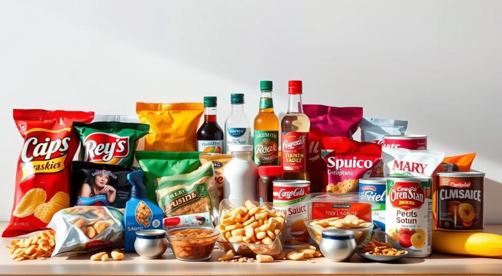 A vibrant still life depicting an array of high-sodium ingredients, shot in natural light with a clean, minimalist background. In the foreground, a variety of processed snacks and convenience foods, including bags of potato chips, boxes of crackers, and cans of soup. In the middle ground, bottles of soy sauce, table salt, and other high-sodium seasonings. The background features a subtle gradient, allowing the main elements to stand out. The overall mood is informative, highlighting the types of foods to avoid on the DASH diet for hypertension.