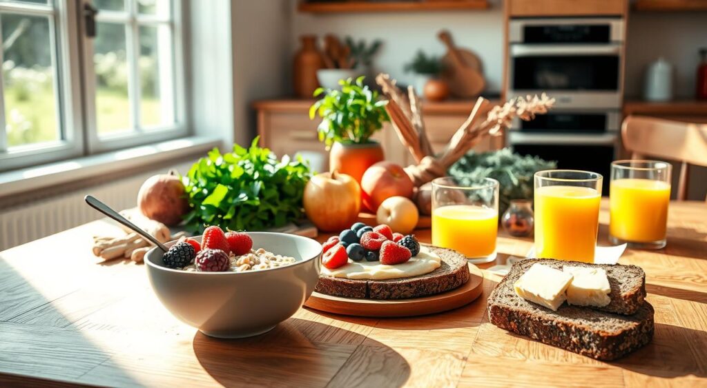 A vibrant still life of a Nordic-inspired meal, bathed in natural light streaming through a large window. In the foreground, a wooden table is adorned with a simple yet elegant spread - a steaming bowl of hearty oatmeal topped with fresh berries, a slice of dark rye bread with a thick smear of creamy butter, and a glass of freshly squeezed orange juice. The middle ground features a variety of seasonal produce, including crisp apples, fragrant herbs, and earthy root vegetables. In the background, a cozy, minimalist kitchen with clean lines and neutral tones sets the stage, hinting at the balanced, wholesome lifestyle of the Nordic diet.