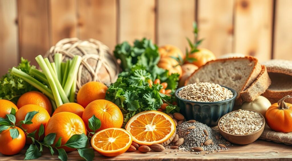 A vibrant still life of an assortment of high-fiber foods, captured in warm, natural lighting. In the foreground, an array of colorful fruits and vegetables - juicy oranges, crisp celery stalks, leafy greens, and hearty whole-grain breads. The middle ground features a bowl of oats, a handful of almonds, and a scatter of chia seeds, all elements known to help lower cholesterol. In the background, a backdrop of earthy textures, such as wooden surfaces and woven fabrics, creates a cozy, inviting atmosphere. The composition is balanced and visually appealing, highlighting the power of fiber-rich foods to support heart health.
