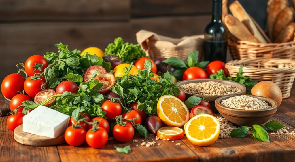 A vibrant still life on a rustic wooden table, capturing the key components of the Mediterranean diet. In the foreground, an array of fresh produce - ripe tomatoes, crisp leafy greens, fragrant herbs, and juicy citrus fruits. In the middle ground, a drizzle of golden olive oil, a wedge of creamy feta, and a selection of whole grains like quinoa and bulgur. In the background, a bottle of rich red wine and a basket of crusty artisanal bread. The scene is bathed in warm, natural lighting, evoking the sun-drenched landscapes of the Mediterranean region. The overall mood is one of simplicity, health, and the joy of wholesome, flavorful eating.