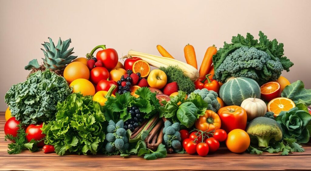 A vibrant still life scene depicting an assortment of fresh, colorful fruits and vegetables arranged on a rustic wooden table. In the foreground, an array of leafy greens, such as kale, spinach, and chard, are neatly displayed. In the middle ground, various vibrant fruits like berries, citrus, and apples are carefully placed, complemented by crunchy vegetables like carrots, bell peppers, and broccoli. The background features a neutral, softly-lit backdrop that emphasizes the natural beauty of the produce. The lighting is warm and natural, casting gentle shadows and highlights to create a balanced, appetizing composition. The overall mood is one of health, vitality, and mindful nourishment, perfectly capturing the essence of an A1C-lowering diet.