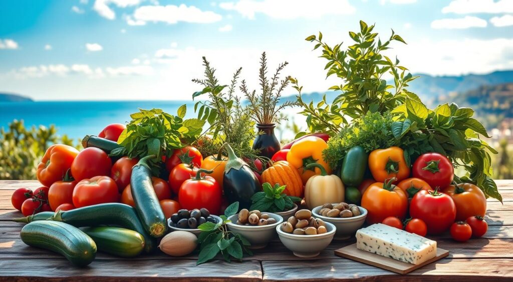 A vibrant still life scene of Mediterranean fruits and vegetables, bathed in warm natural lighting and arranged on a rustic wooden table. In the foreground, a luscious assortment of ripe tomatoes, zucchini, eggplants, and peppers in a variety of colors. In the middle ground, clusters of fresh herbs like basil, oregano, and rosemary, complemented by bowls of olives and a wedge of tangy feta cheese. The background features a view of a sun-drenched seaside landscape, with azure blue skies and distant rolling hills. The overall atmosphere evokes the vibrant, healthy, and earthy essence of the Mediterranean diet.