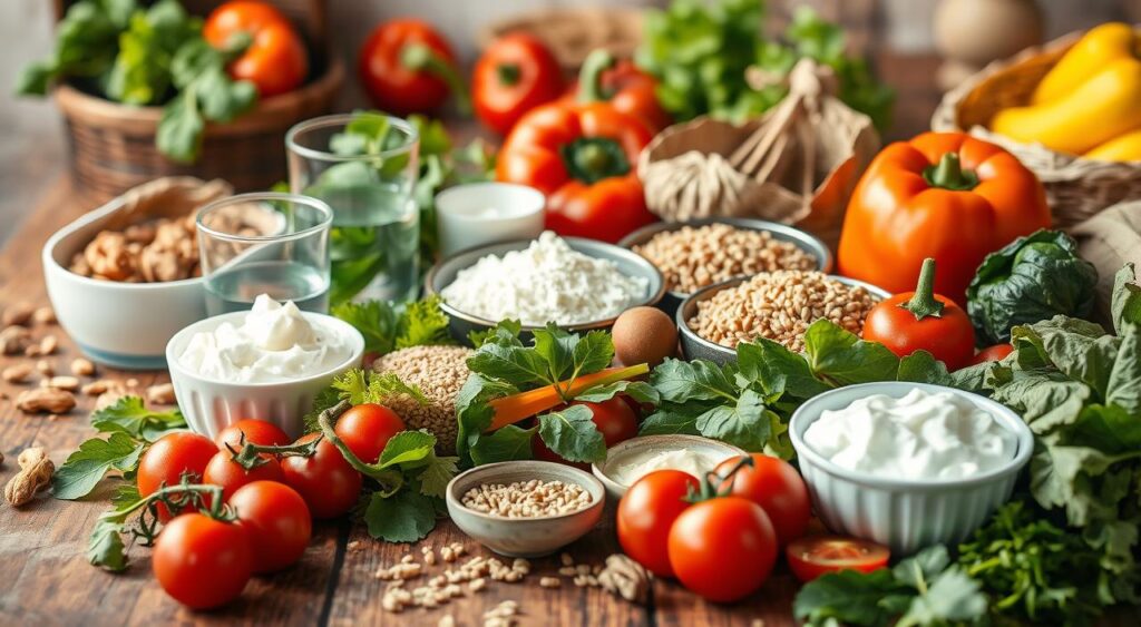 A vibrant still life scene of a variety of healthy food items on a rustic wooden table, bathed in soft, natural lighting. In the foreground, an array of fresh vegetables such as leafy greens, tomatoes, and bell peppers, complemented by whole grains like quinoa and brown rice. In the middle ground, a selection of low-fat dairy products, including Greek yogurt and cottage cheese, accompanied by a glass of water. In the background, a subtle blur of additional produce, nuts, and a few scattered spices, conveying the idea of a balanced, nutritious diet suitable for managing prediabetes.