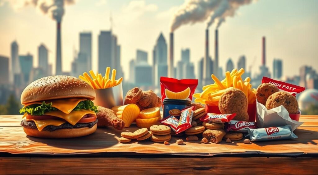 A vibrant still life showcasing a variety of unhealthy foods that should be avoided when lowering triglycerides. In the foreground, a group of greasy fast food items such as burgers, fries, and fried chicken sit atop a rustic wooden table, casting long shadows. In the middle ground, a selection of high-fat snacks, including potato chips, cookies, and candy bars, are arranged haphazardly. The background features a blurred cityscape, with towering skyscrapers and billowing smokestacks, evoking an urban, industrialized setting. The scene is bathed in warm, slightly hazy lighting, creating a sense of indulgence and temptation, yet also a subtle warning about the potential consequences of consuming these triglyceride-spiking foods.