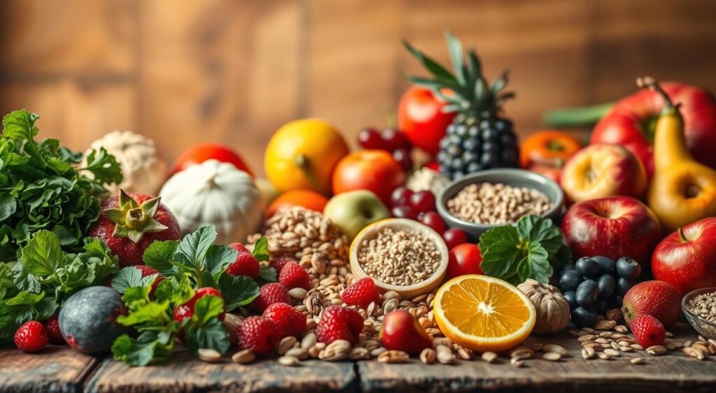 A vibrant still life showcasing an array of heart-healthy fruits and vegetables on a rustic wooden table. In the foreground, an assortment of colorful produce including leafy greens, vibrant berries, crisp apples, and juicy citrus fruits. The middle ground features a selection of nuts, seeds, and whole grains, all known for their ability to lower cholesterol levels. The background is softly lit, creating a warm, inviting atmosphere that highlights the natural beauty and nutritional benefits of these cholesterol-lowering foods. Captured with a shallow depth of field, the image emphasizes the textures, colors, and overall appeal of this heart-healthy spread. A vibrant still life showcasing an array of heart-healthy fruits and vegetables on a rustic wooden table. In the foreground, an assortment of colorful produce including leafy greens, vibrant berries, crisp apples, and juicy citrus fruits. The middle ground features a selection of nuts, seeds, and whole grains, all known for their ability to lower cholesterol levels. The background is softly lit, creating a warm, inviting atmosphere that highlights the natural beauty and nutritional benefits of these cholesterol-lowering foods. Captured with a shallow depth of field, the image emphasizes the textures, colors, and overall appeal of this heart-healthy spread.