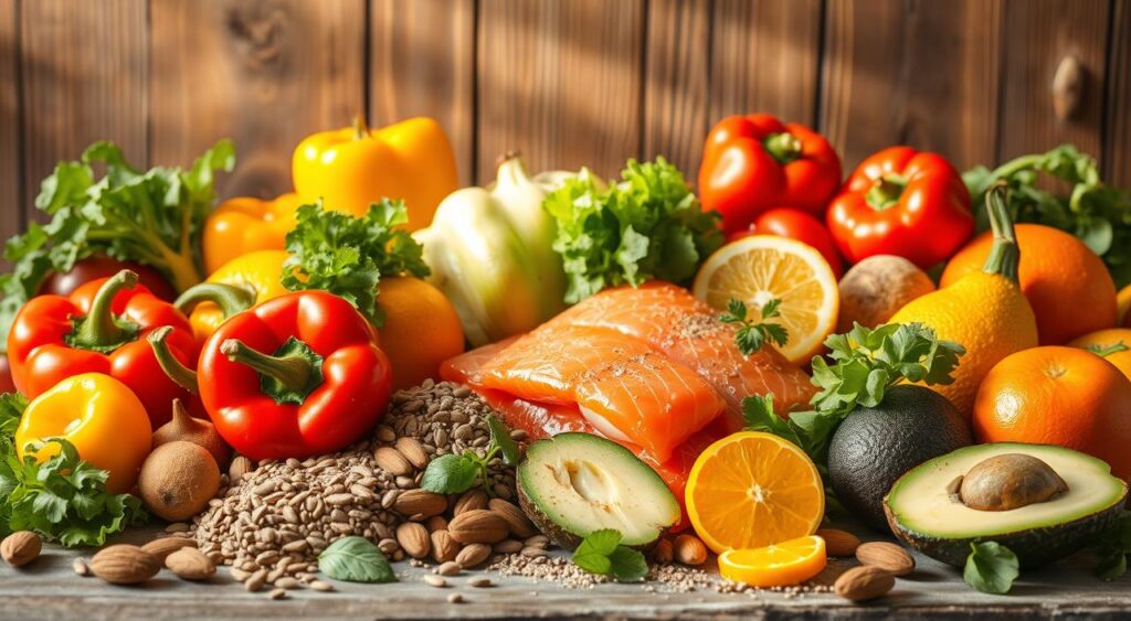 A vibrant still life showcasing an array of metabolism-boosting foods, bathed in warm, natural lighting. In the foreground, a selection of fresh produce including brightly colored peppers, leafy greens, citrus fruits, and lean protein sources like salmon fillets. In the middle ground, a scattering of superfoods like chia seeds, almonds, and avocado slices. The background features a rustic wooden surface, hinting at the wholesome, earthy nature of these nourishing ingredients. The overall composition evokes a sense of vitality and balance, reflecting the important role of nutrition in supporting a healthy, efficient metabolism.