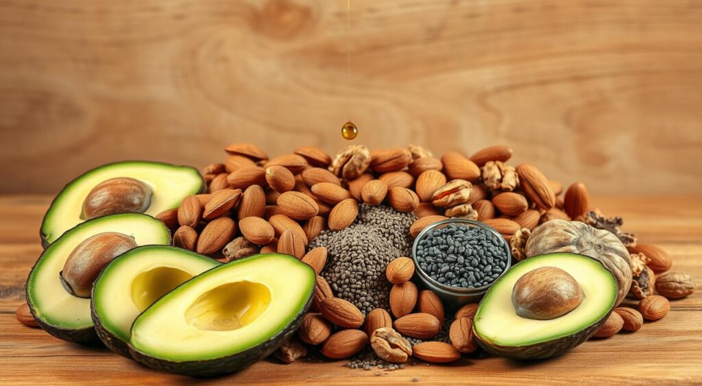 A vibrant still life showcasing an assortment of heart-healthy fats. In the foreground, a selection of avocados, sliced to reveal their rich, creamy interiors. Surrounding them, a bounty of nuts and seeds - almonds, walnuts, and chia - arranged artfully. In the middle ground, a drizzle of extra virgin olive oil glistens, hinting at its versatility. The background features a textured wooden surface, warm and earthy, conveying a sense of rustic nourishment. Soft, diffused lighting illuminates the scene, casting gentle shadows and highlighting the natural colors and textures of these nutrient-dense ingredients. The overall composition exudes a sense of balance, vitality, and the vital role of healthy fats in a balanced, heart-conscious diet.