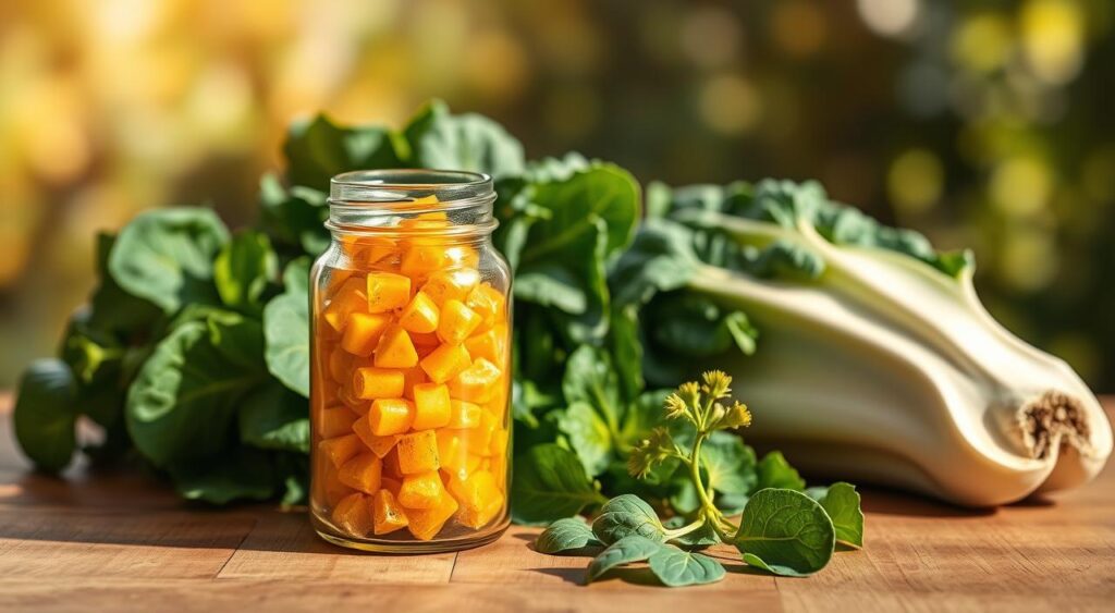 A vibrant still life showcasing an assortment of plant-based cholesterol-lowering agents. In the foreground, a glass jar filled with golden-hued, translucent plant sterols sits atop a wooden table, casting soft shadows. In the middle ground, a variety of fresh leafy greens, such as spinach and kale, are arranged artfully, symbolizing the natural sources of these beneficial compounds. The background features a softly blurred, natural setting, perhaps a sun-dappled garden, conveying a sense of organic wellness and vitality. Lighting is warm and diffused, creating a soothing, inviting atmosphere that highlights the health-promoting properties of these plant-based cholesterol management ingredients.