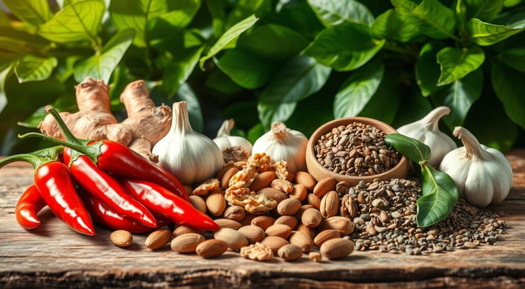 A vibrant still life showcasing an assortment of popular thermogenic foods. In the foreground, a selection of chili peppers, ginger, and garlic bulbs are arranged artistically, their vibrant colors and textures creating a captivating visual. In the middle ground, a variety of nuts and seeds, such as almonds, walnuts, and chia, are scattered across a wooden surface, complementing the earthy tones. In the background, a lush green leafy backdrop provides a natural, organic feel, highlighting the health-promoting properties of these thermogenic ingredients. The lighting is soft and natural, casting gentle shadows and emphasizing the depth and dimensionality of the scene. The overall mood is one of vitality and wellness, inviting the viewer to explore the benefits of these thermogenic superfoods. A vibrant still life showcasing an assortment of popular thermogenic foods. In the foreground, a selection of chili peppers, ginger, and garlic bulbs are arranged artistically, their vibrant colors and textures creating a captivating visual. In the middle ground, a variety of nuts and seeds, such as almonds, walnuts, and chia, are scattered across a wooden surface, complementing the earthy tones. In the background, a lush green leafy backdrop provides a natural, organic feel, highlighting the health-promoting properties of these thermogenic ingredients. The lighting is soft and natural, casting gentle shadows and emphasizing the depth and dimensionality of the scene. The overall mood is one of vitality and wellness, inviting the viewer to explore the benefits of these thermogenic superfoods.