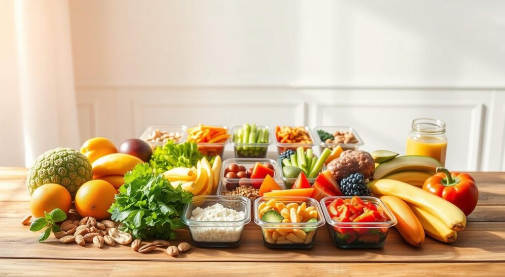 A vibrant still life showcasing the benefits of frequent eating. In the foreground, an assortment of healthy snacks - fresh fruits, vegetables, nuts, and lean protein - neatly arranged on a wooden table. Warm, natural lighting casts a soft glow, highlighting the vibrant colors and textures. In the middle ground, a series of small meals in portion-controlled containers, each offering a balanced mix of nutrients. The background features a soothing, minimalist setting, with clean lines and a neutral color palette to draw the eye toward the main elements. The overall composition conveys a sense of balance, moderation, and the advantages of fueling the body with regular, nutritious meals throughout the day.