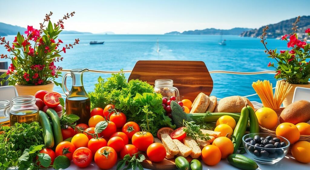 A vibrant, sun-drenched Mediterranean landscape with a bountiful table showcasing the key elements of the Mediterranean diet. In the foreground, an array of fresh, colorful produce - ripe tomatoes, crisp greens, fragrant herbs, and juicy citrus fruits. Flanking the produce are glass bowls filled with extra virgin olive oil and olives, representing the diet's emphasis on healthy fats. In the middle ground, a wooden board displays an assortment of whole grains, such as hearty breads and whole wheat pasta. The background features a picturesque seaside vista, with azure waters and distant hills. The scene is bathed in warm, natural lighting, evoking the relaxed, convivial spirit of Mediterranean living and dining.