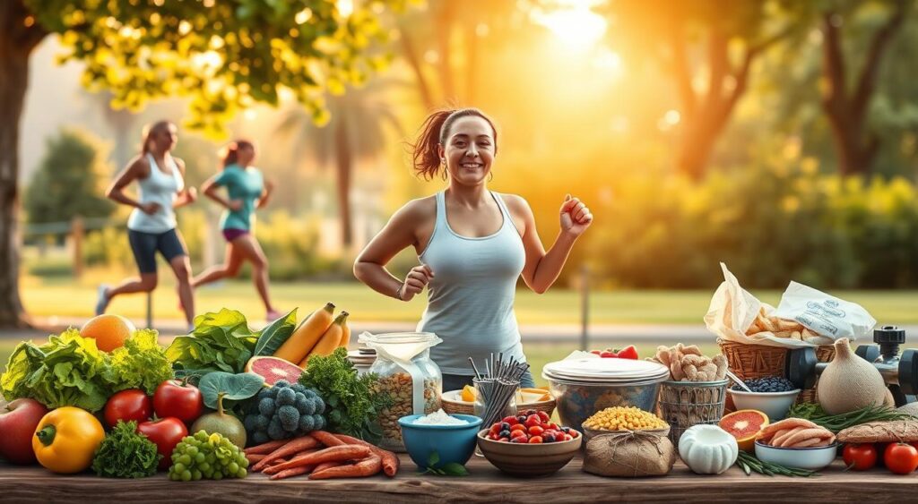A vibrant, visually engaging image showcasing effective weight loss strategies. The foreground features a fit, healthy individual performing various exercises like jogging, weightlifting, and yoga poses, conveying a sense of vitality and dynamism. The middle ground depicts healthy, natural foods such as fresh produce, lean proteins, and nutrient-dense snacks, emphasizing the importance of a balanced diet. The background setting is a serene, lush outdoor environment with a warm, golden-hour lighting, evoking a sense of balance and well-being. The overall mood is inspirational, motivating the viewer to adopt a holistic approach to weight loss and metabolism optimization.