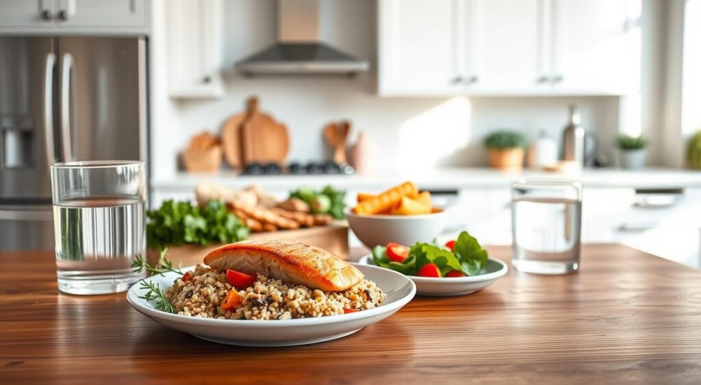 A visually appealing and informative image of a prediabetes meal plan. Set in a modern, well-lit kitchen, with a clean, minimalist aesthetic. In the foreground, a wooden table showcases a balanced and colorful plate featuring grilled salmon, quinoa, roasted vegetables, and a side salad. Beside the plate, a glass of water and a few fresh herbs add a natural touch. The middle ground features neatly arranged ingredients like whole grains, lean proteins, and fresh produce, hinting at the nutritious components of the meal. The background features simple, white walls and clean, neutral-toned cabinets, creating a calming and inviting atmosphere. The lighting is soft and natural, capturing the visual appeal of the healthful, prediabetes-friendly meal.