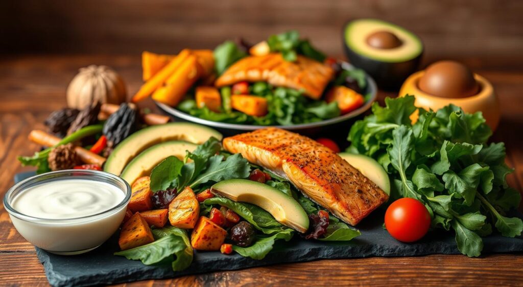A visually appealing, appetizing arrangement of low-carb, keto-friendly meal components on a wooden table or slate background. In the foreground, an assortment of colorful, freshly prepared ingredients such as grilled salmon, roasted vegetables, leafy greens, avocado slices, and a creamy dressing or sauce. The middle ground features a well-plated, balanced meal showcasing the nutrient-dense ingredients. The background is softly lit, creating a warm, inviting atmosphere that highlights the natural textures and colors of the whole food-based dishes. The overall composition conveys a sense of simplicity, health, and culinary elegance.