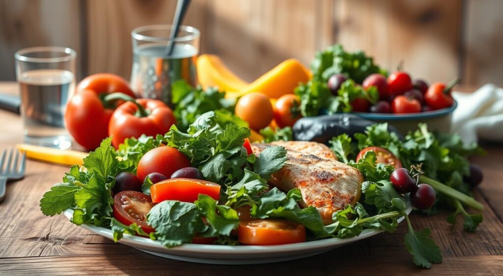 A visually appealing still life featuring a selection of nutrient-dense foods known to help manage triglyceride levels. In the foreground, a plate showcases a vibrant array of vegetables, such as leafy greens, tomatoes, and bell peppers, alongside lean protein sources like grilled salmon or chicken. In the middle ground, a glass of water and a bowl of fresh berries add pops of color. The background subtly depicts a rustic wooden table, with natural lighting creating a warm, inviting atmosphere. The overall composition conveys a sense of balance, health, and the potential of a triglyceride-friendly diet.