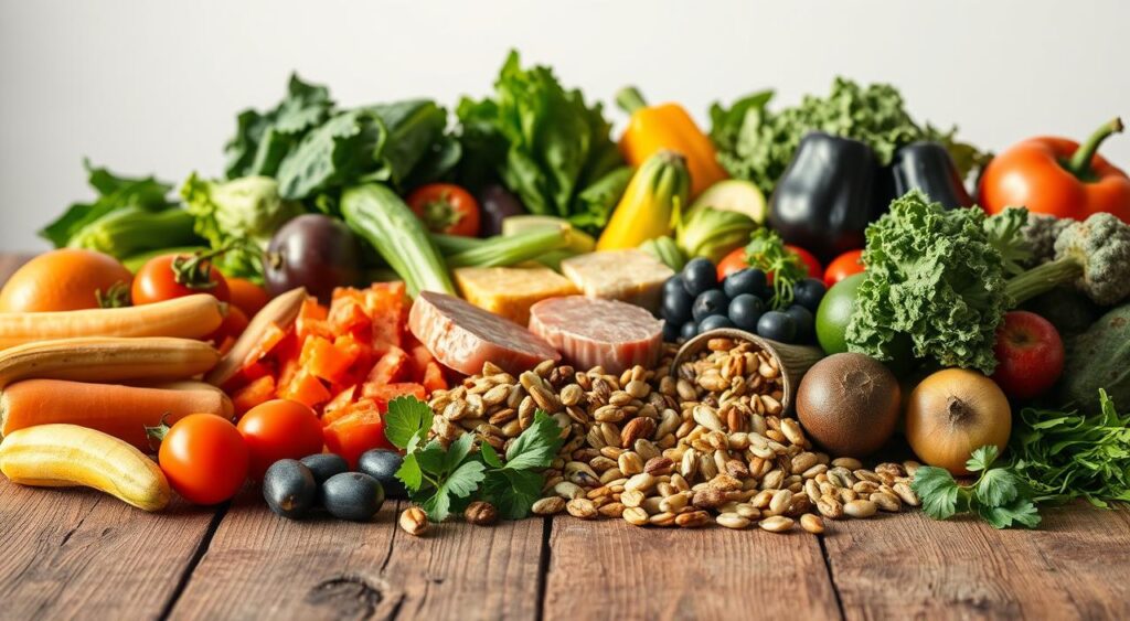 A visually appetizing spread of healthy, whole foods symbolizing a balanced metabolic syndrome diet. In the foreground, an array of fresh vegetables, lean proteins, and complex carbohydrates arranged artfully on a rustic wooden table. Soft natural lighting casts a warm, inviting glow, highlighting the vibrant colors and textures. In the middle ground, a variety of nuts, seeds, and low-glycemic fruits add pops of color and visual interest. The background features a minimalist, uncluttered setting, allowing the nutritious foods to take center stage. The overall composition conveys a sense of balance, nourishment, and the role of a well-designed diet in managing metabolic syndrome.