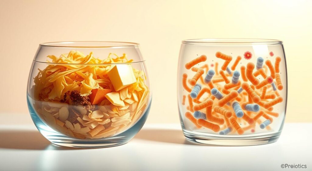 A visually striking illustration showcasing the key differences between prebiotics and probiotics. In the foreground, a clear glass container filled with a vibrant array of prebiotic fibers, such as chicory root, inulin, and resistant starches, arranged in an aesthetically pleasing manner. In the middle ground, a separate glass container displaying a diverse colony of probiotic bacteria, including Lactobacillus and Bifidobacterium strains, captured under a high-resolution microscopic lens. The background features a clean, minimalist design with soft, warm lighting, accentuating the contrast between the two distinct elements. The overall composition should convey a sense of scientific clarity and wellness, reflecting the informative nature of the article's section on the differences between these two crucial gut health components.