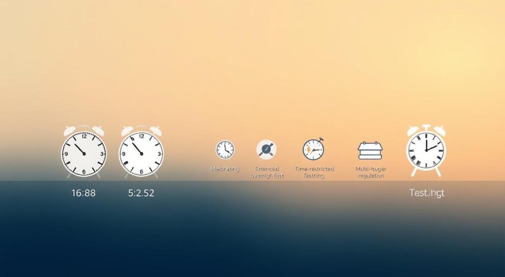 A visually striking image depicting various methods of intermittent fasting. In the foreground, a minimalist illustration showcases the popular 16:8, 5:2, and alternate-day fasting schedules, each represented by a simplified clock face. The middle ground features a clean, geometric layout of stylized icons symbolizing time-restricted eating, extended overnight fasts, and multi-day fasts. In the background, a soft, ethereal gradient provides a serene, contemplative atmosphere, hinting at the holistic benefits of intermittent fasting on metabolism, fat burning, and blood sugar regulation. The overall aesthetic is sleek, modern, and visually engaging, perfectly suited to illustrate the 