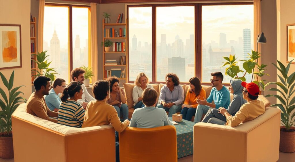 A warm, inviting scene of a diverse group of people gathered together, supporting one another in a cozy, well-lit living room. The foreground features a circle of individuals sitting on comfortable sofas and armchairs, engaged in animated conversation and laughter. In the middle ground, shelves filled with books and plants create a sense of community and belonging. The background depicts a large window overlooking a vibrant city skyline, bathed in soft, golden light. The overall atmosphere conveys a sense of unity, empowerment, and the power of a supportive network.