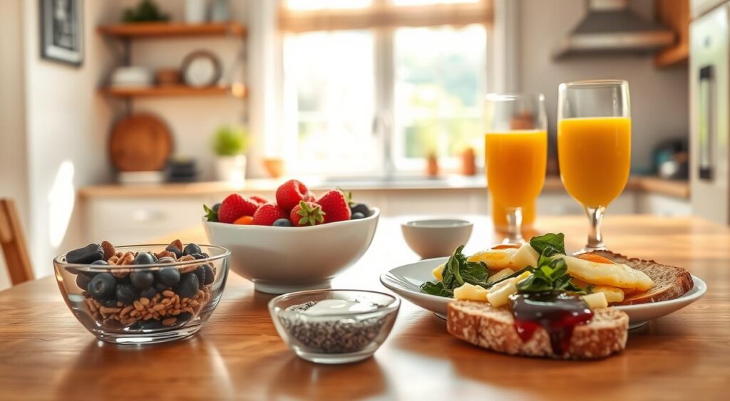 A warm, sunlit kitchen setting with a wooden table in the foreground, featuring a selection of diabetic-friendly breakfast items - a bowl of fresh berries, a plate of scrambled eggs with sautéed spinach, a glass of freshly squeezed orange juice, and a slice of whole-grain toast with a small amount of low-sugar jam. In the middle ground, there are small bowls of chopped nuts, chia seeds, and Greek yogurt, providing additional healthy toppings. The background showcases the kitchen's natural light, with a window overlooking a lush, green outdoor scene. The overall mood is one of simplicity, nourishment, and a balanced, diabetes-friendly meal.