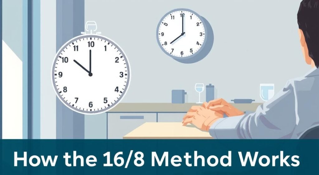 A well-lit and detailed illustration of the 16/8 intermittent fasting method. In the foreground, a person sits at a table, their hands resting on a digital clock showing 8:00 AM. Behind them, an analog clock on the wall displays 4:00 PM, representing the 16-hour fasting period. The middle ground features a stylized graphic of a clock face, divided into 16 and 8-hour segments, with the 16-hour fasting period highlighted. In the background, a minimalist kitchen scene with simple appliances and a glass of water, conveying the healthy lifestyle associated with this fasting approach. The overall mood is calm, informative, and visually appealing, complementing the 