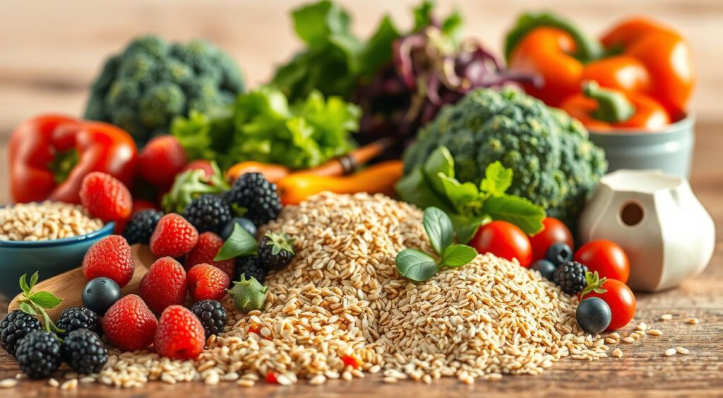 A well-lit, appetizing still life showcasing a selection of nutrient-dense carbohydrate-rich foods suitable for a diabetic diet. In the foreground, arrange an assortment of whole grains like quinoa, brown rice, and steel-cut oats, complemented by fresh berries, leafy greens, and colorful vegetables like broccoli, bell peppers, and tomatoes. Capture the scene with a shallow depth of field, using warm, natural lighting to accentuate the textures and vibrant colors. The overall composition should convey a sense of balance, health, and culinary appeal, reflecting the importance of choosing the right carbohydrates for managing type 2 diabetes.