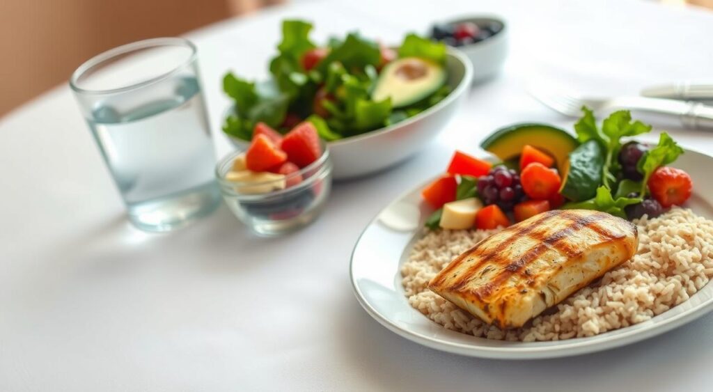 A well-lit, high-resolution photograph of a neatly arranged table showcasing several healthy, balanced meals that exemplify the Zone Diet's 40/30/30 macronutrient ratio. In the foreground, a plate features grilled chicken breast, brown rice, and a vibrant mixed vegetable medley. In the middle ground, a bowl of fresh green salad with avocado slices and a light vinaigrette dressing. In the background, a glass of water and a small bowl of mixed berries. The table is covered in a crisp, white tablecloth, and the overall scene has a clean, modern, and inviting atmosphere.