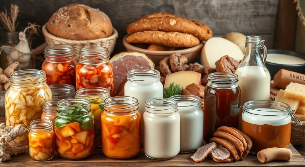 A well-lit, high-resolution photograph showcasing a diverse selection of fermented foods. In the foreground, an assortment of jars and bowls filled with bubbling sauerkraut, tangy kimchi, creamy yogurt, and aromatic kombucha. The middle ground features a variety of artisanal breads, aged cheeses, and cured meats, all products of fermentation. The background subtly highlights the natural ingredients and traditional methods used to create these nourishing, gut-friendly foods, with hints of earthy textures and rustic wooden surfaces. The overall scene conveys a sense of abundance, health, and the timeless traditions of fermentation.