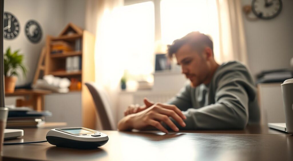 A well-lit home interior, a person sitting at a desk, intently focused on a digital display monitoring their blood sugar levels. The foreground features a modern, high-resolution glucometer device resting on the desk, its screen clearly visible. The middle ground shows the person's hands interacting with the device, their expression one of concentration. The background reveals a clean, organized workspace with minimal clutter, creating a sense of calm and control. Soft, diffused lighting from a nearby window casts a warm glow, enhancing the scene's sense of care and attention to personal health management. The overall mood is one of intentionality, discipline, and proactive diabetes management. A well-lit home interior, a person sitting at a desk, intently focused on a digital display monitoring their blood sugar levels. The foreground features a modern, high-resolution glucometer device resting on the desk, its screen clearly visible. The middle ground shows the person's hands interacting with the device, their expression one of concentration. The background reveals a clean, organized workspace with minimal clutter, creating a sense of calm and control. Soft, diffused lighting from a nearby window casts a warm glow, enhancing the scene's sense of care and attention to personal health management. The overall mood is one of intentionality, discipline, and proactive diabetes management.