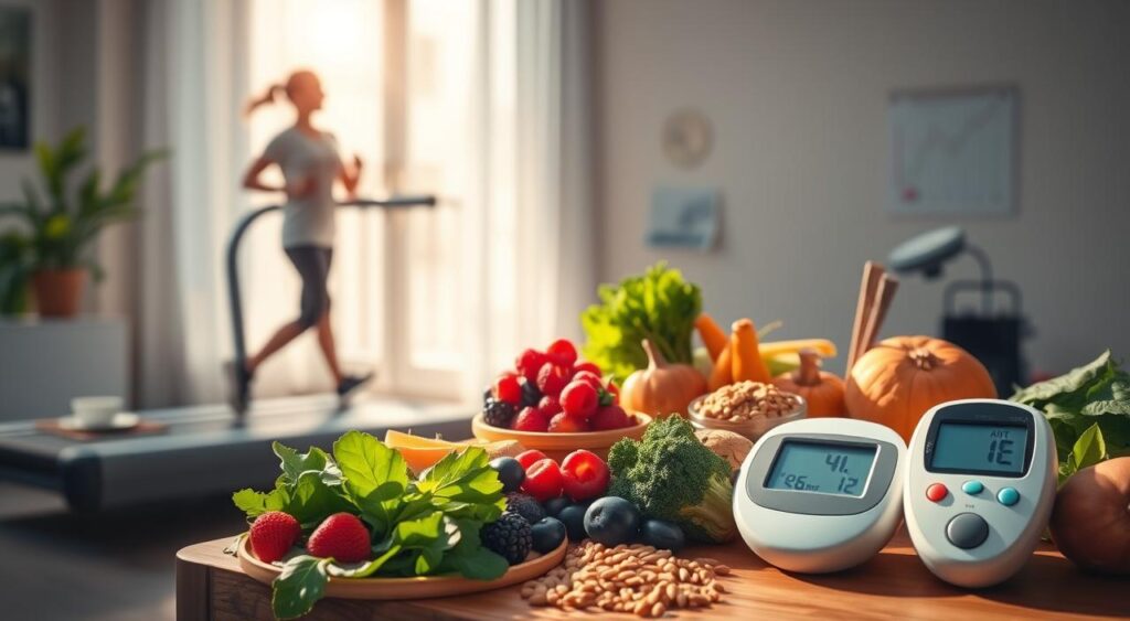 A well-lit indoor scene depicting various ways to lower A1C levels naturally. In the foreground, a person engaged in physical activity like brisk walking or jogging on a treadmill. In the middle ground, healthy foods like leafy greens, berries, whole grains, and lean proteins. In the background, medical equipment like a glucometer and a chart showing A1C levels. The lighting is warm and inviting, creating a calming atmosphere that encourages healthy lifestyle choices. The composition is balanced, with the focus on the physical activity and healthy eating habits that can influence A1C reduction.