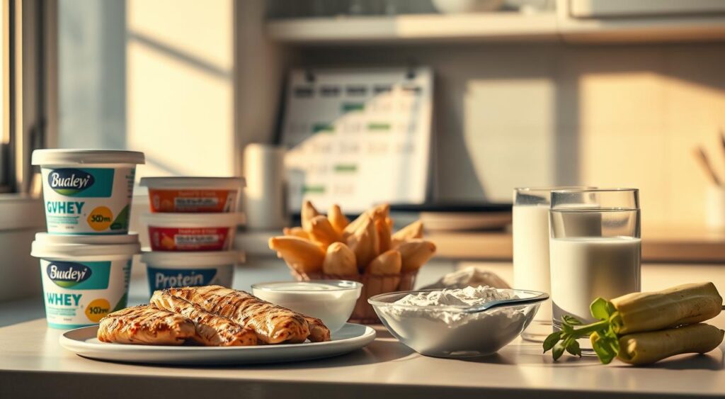 A well-lit kitchen counter, filled with an assortment of protein-rich foods - grilled chicken, a stack of Greek yogurt containers, a scoop of whey protein powder, and a glass of milk. The lighting is warm and inviting, casting a soft glow on the arrangement. In the background, a calendar is visible, highlighting key times of day for optimal protein consumption. The overall scene conveys a sense of health, balance, and the importance of timing protein intake for maximum benefits.
